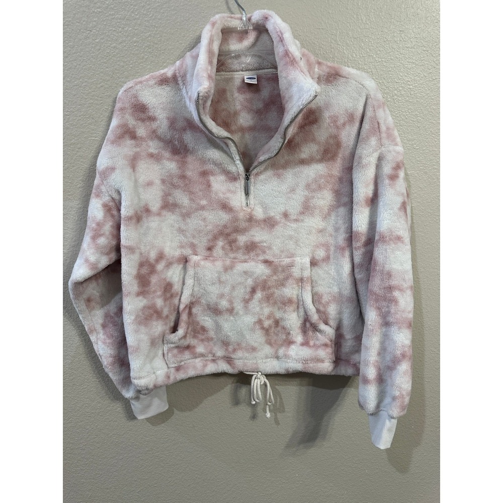 Old Navy Womens Pullover Sweatshirt‎ Small Pink White Tie Dye Fuzzy Quarter Zip